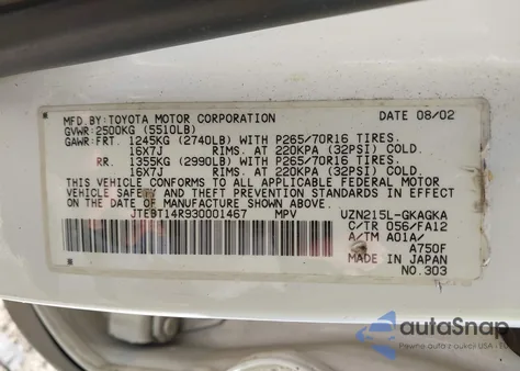 2003 Toyota 4Runner Sr5 V8 из США, поврежденный, VIN JTEBT14R930001467